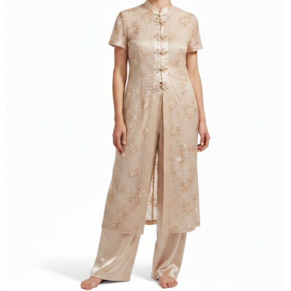 R&M Richards Ivory Brocade Set 12 Duster Jacket Pant Satin USA Vintage